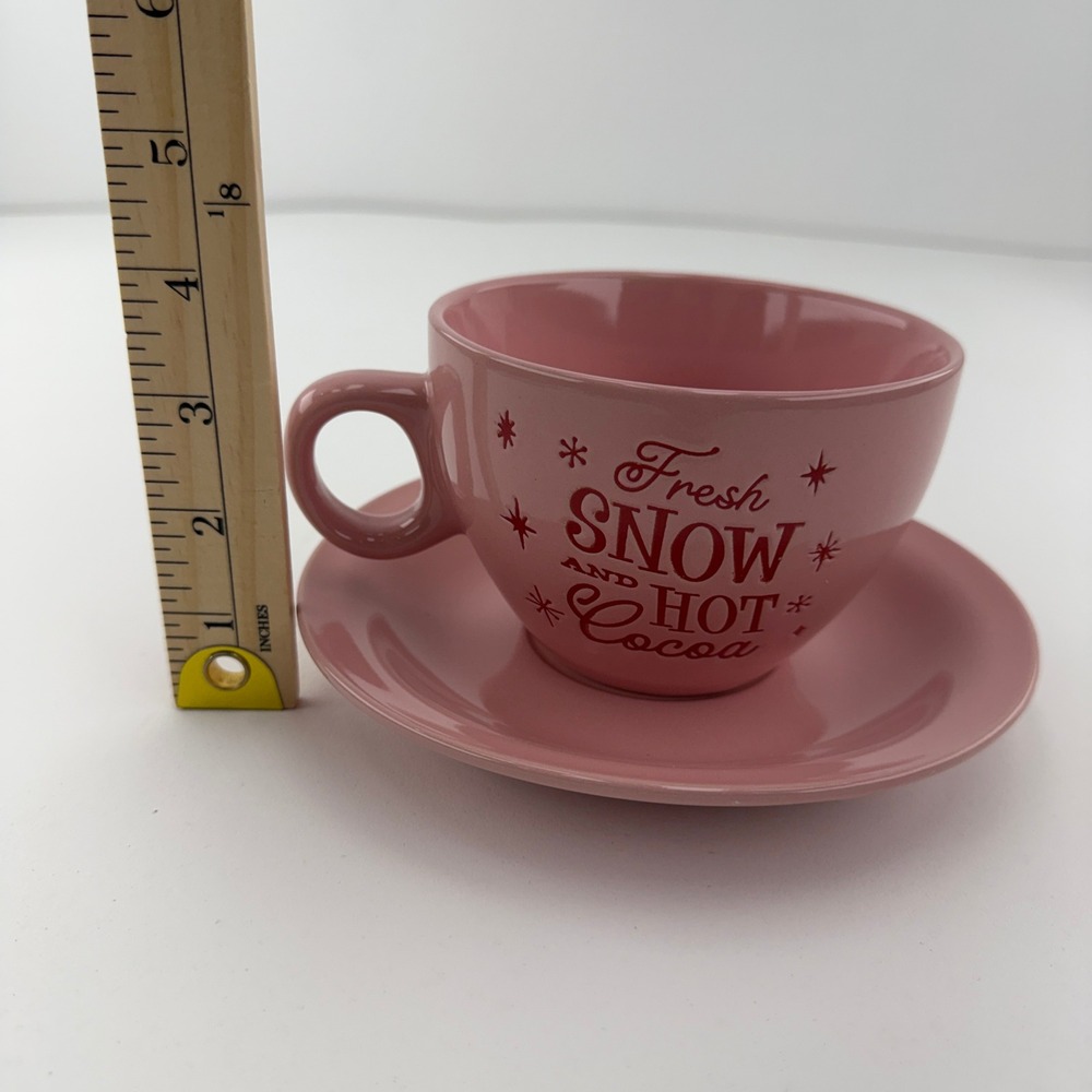 Sleigh Bell Bistro Pink Fresh Snow and Hot Cocoa Ceramic Cup and Saucer Set - Picture 5 of 6